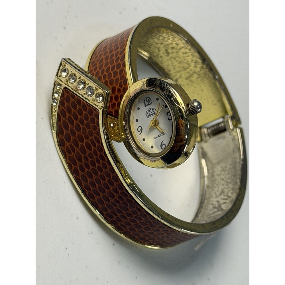 FUSS Quartz Bangle Bracelet Watch Gold Tone Brown Faux Snakeskin New Battery